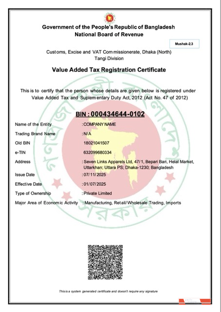 Bangladesh Value Added Tax registration certificate Word and PDF template